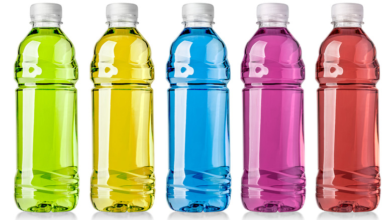 artificially colored water in bottles