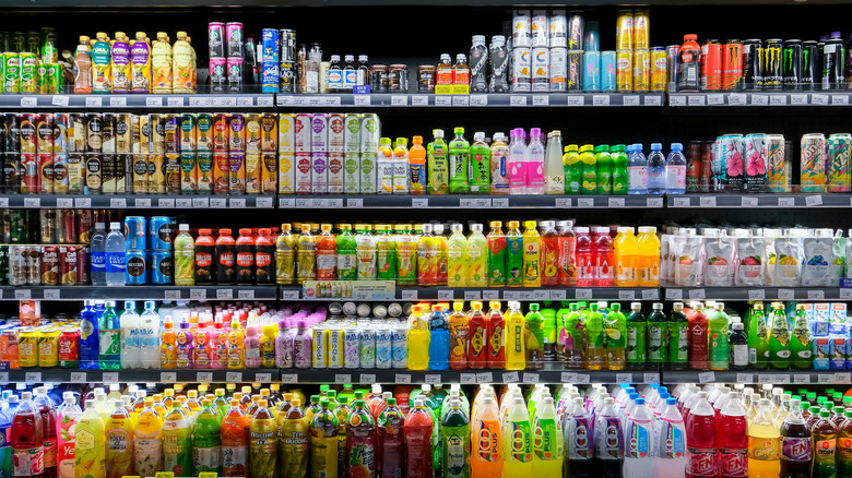 Fruit juices and soft drinks for sale in a store