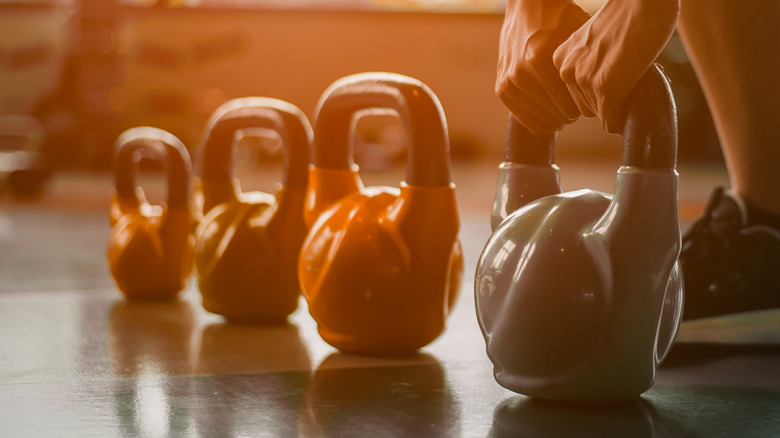 shot of kettlebells on the floor