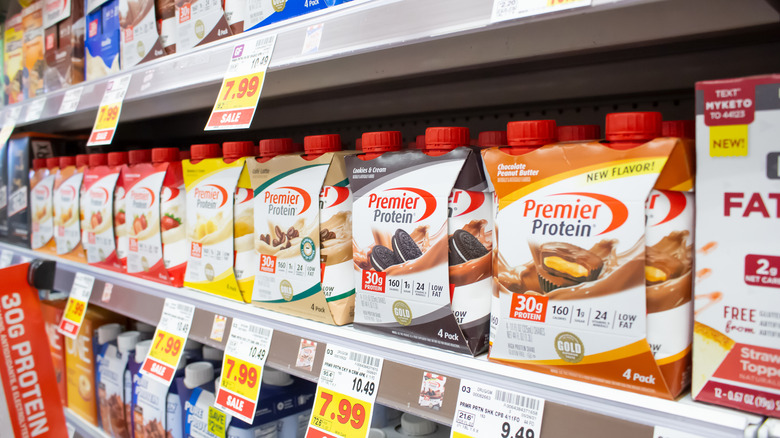 A shelf full of Premier Protein products