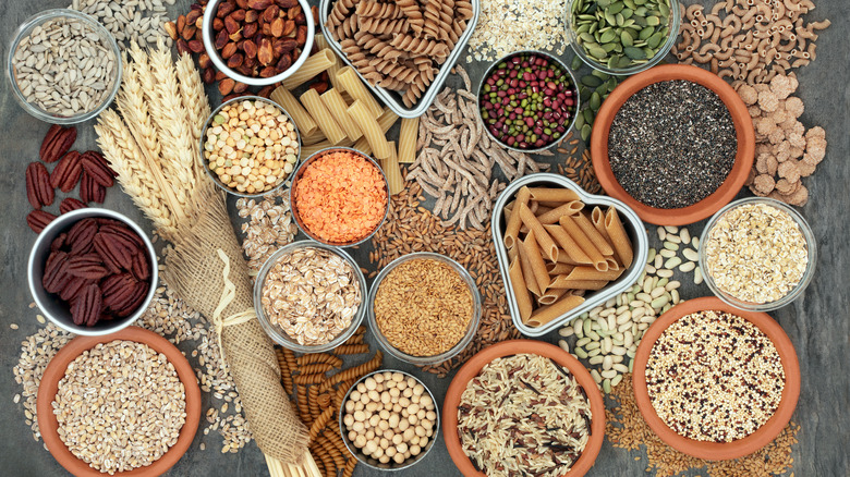 Collection of bowls of grains and pasta 