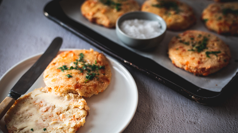 sliced keto biscuit on plate