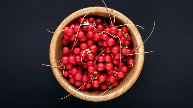 Overhead shot of schisandra berries in a bowl against a black background