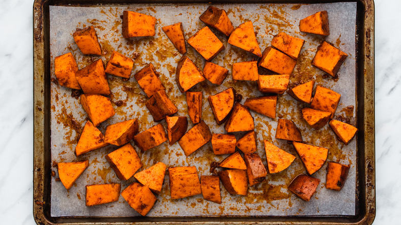 sweet potato chunks on tray