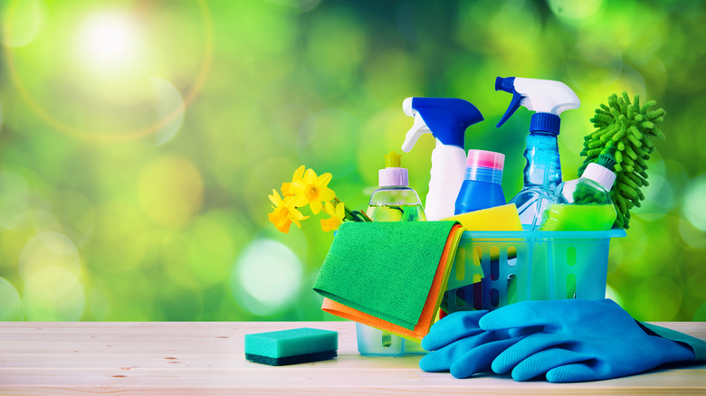 Cleaning materials on wood table