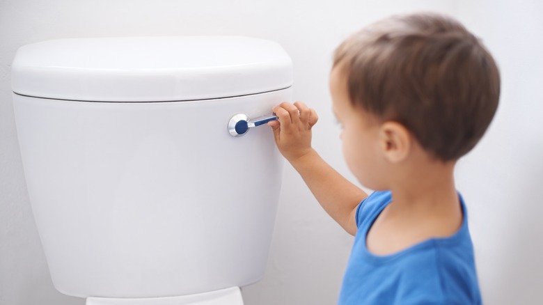 Little boy flushing a toilet
