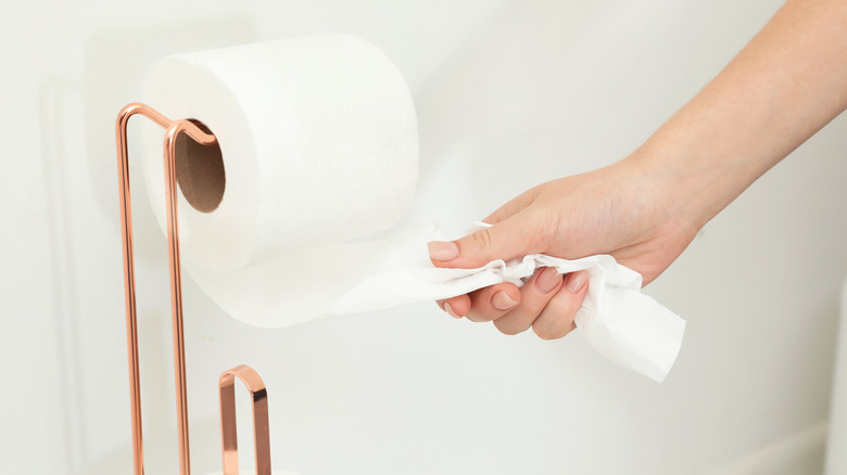 closeup of a woman pulling toilet paper in bathroom