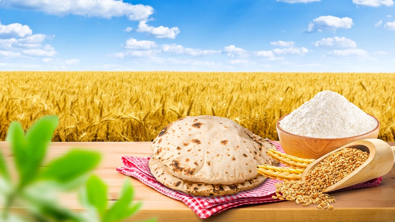 red checked table cloth with bread in wheat field