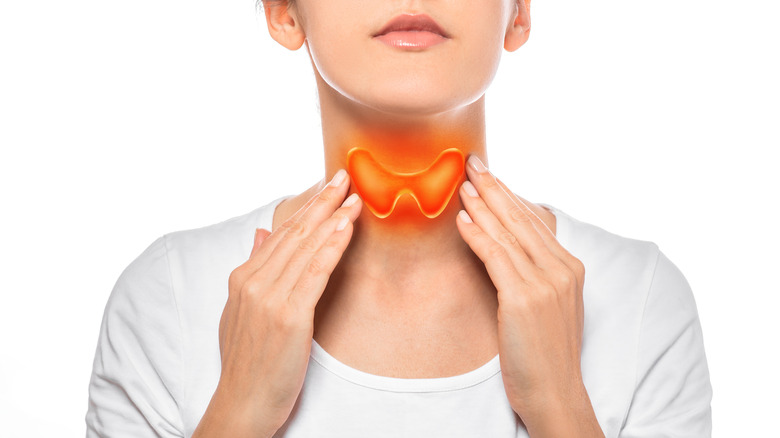 Woman with image of thyroid superimposed over her throat