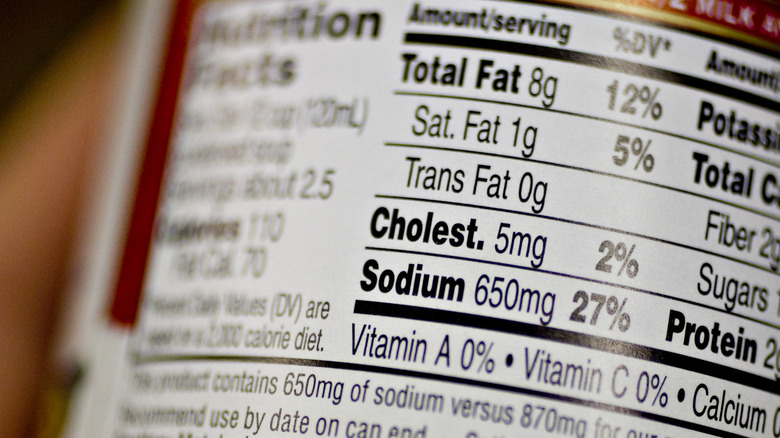 Nutrition label on package