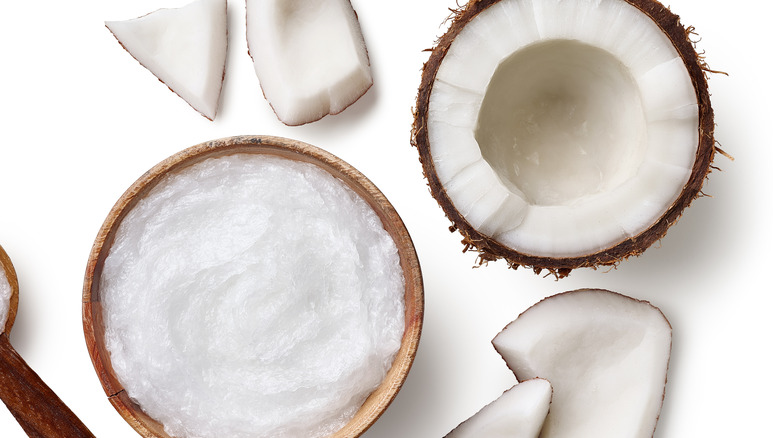 Coconut and coconut oil flat lay