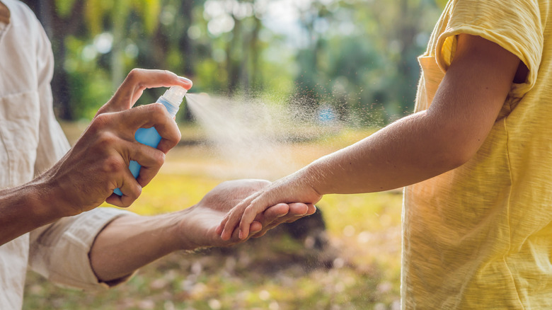 Person spraying insect repellant on child