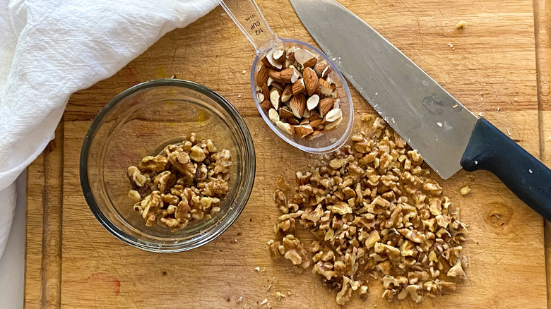 chopped nuts on cutting board