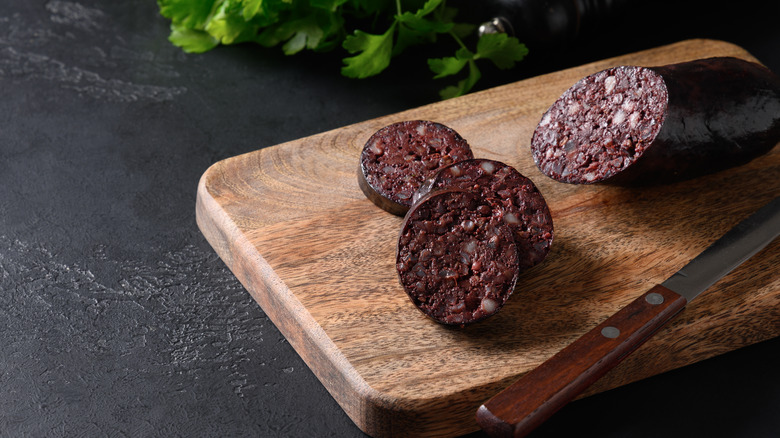Blood sausage on wooden tray