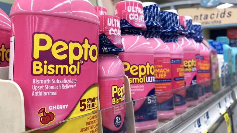 Bottles of Pepto Bismol in Pharmacy 