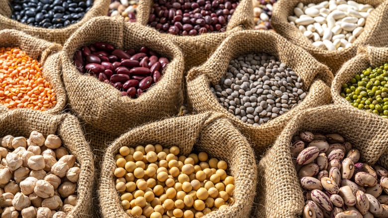 burlap sacks of legumes