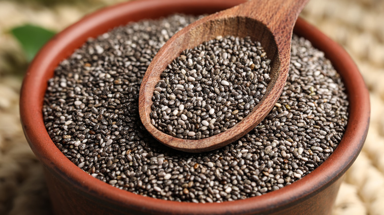 Chia seeds in a wooden bowl