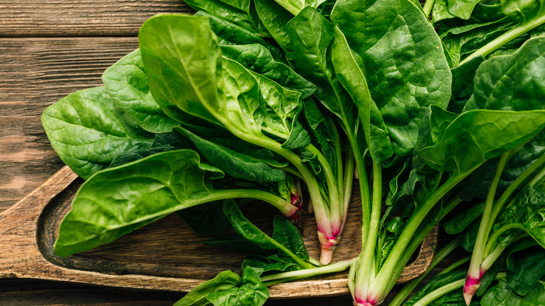 Bundles of spinach on wooden surface