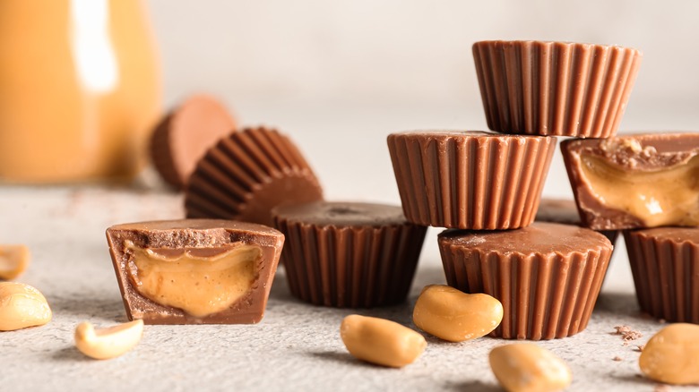 a spread of peanut butter cups laid on a table