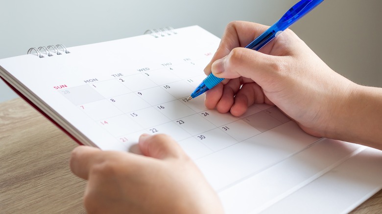 person checking calendar with pen