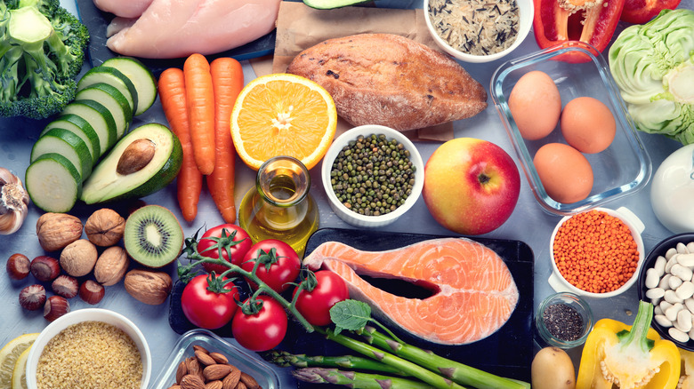 healthy foods arranged on gray tablecloth