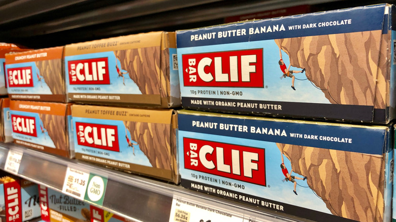 Boxes of Clif bars on grocery shelf