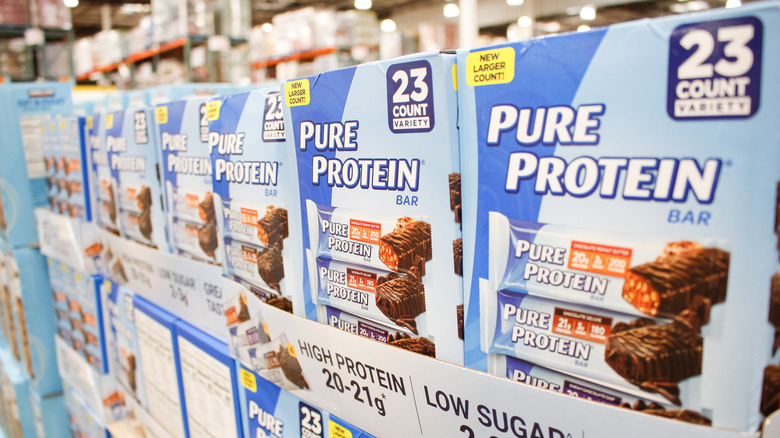 Pure Protein bars on grocery store shelf