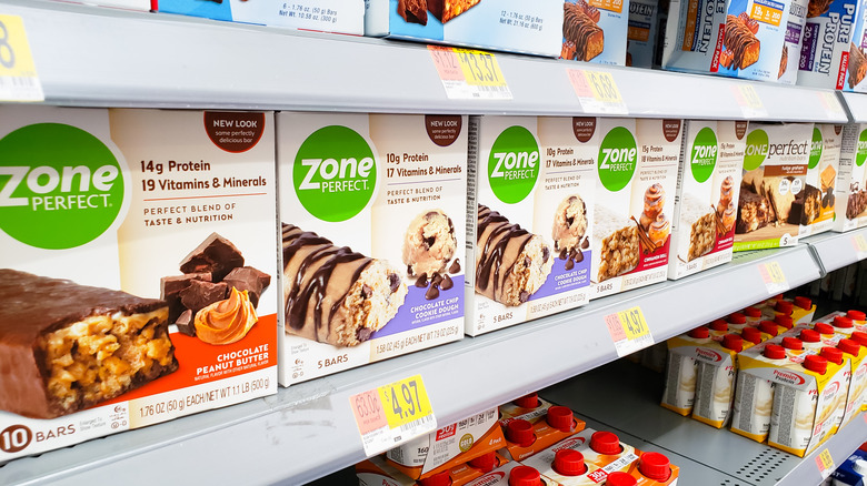 Boxes of Zone Perfect bars on the grocery shelf