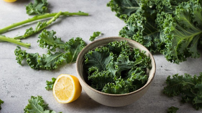 a bowl of kale and half lemon surrounded by chopped kale