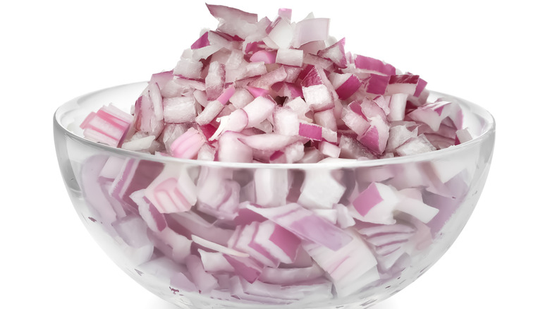 diced and chopped onions in bowl