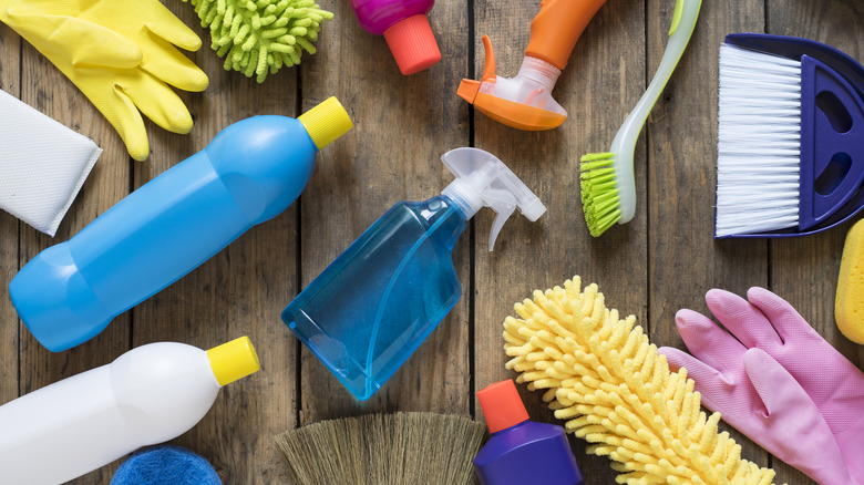 Flat lay of house cleaning products