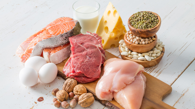 Protein food sources on cutting board