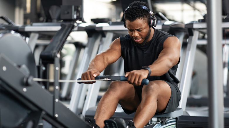 Rowing machine in use