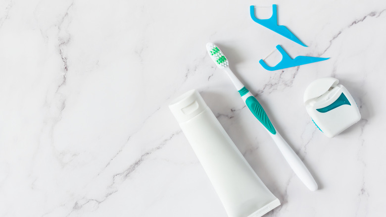 Oral health tools; floss, toothbrush, toothpaste