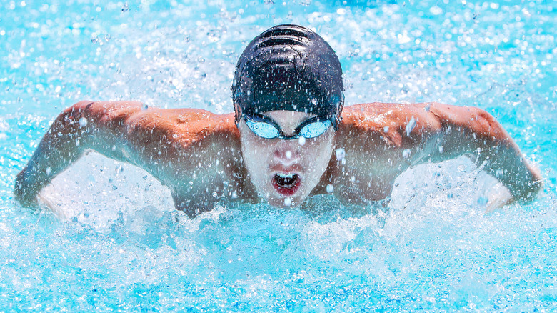 Swimmer wearing goggles in the pool