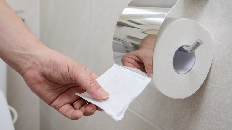 Hand pulling on toilet paper roll