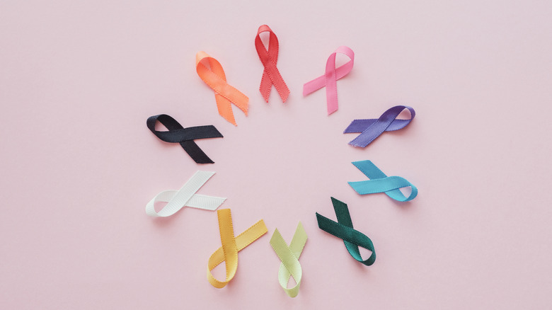 Different colored cancer awareness ribbons placed in a circle