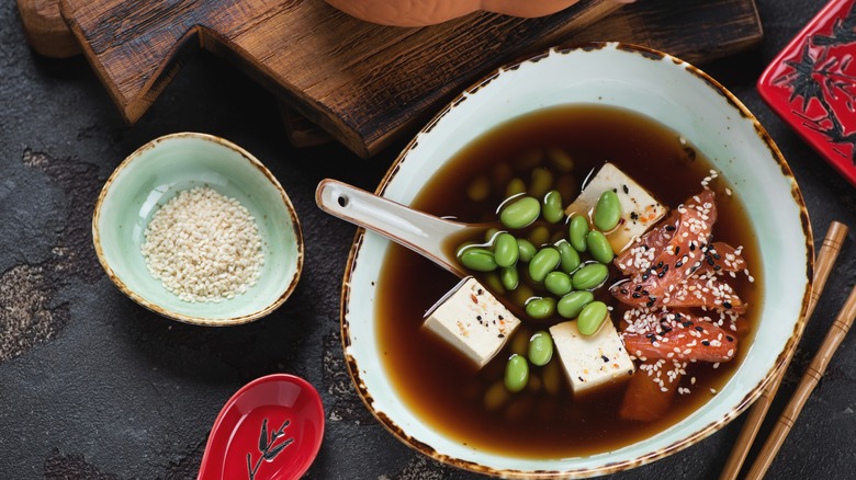 miso soup with tofu and edamame