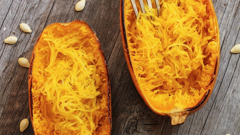 roasted spaghetti squash on wooden surface