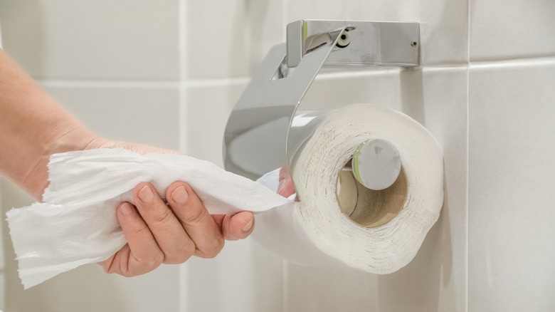Hand pulling toilet paper off roll
