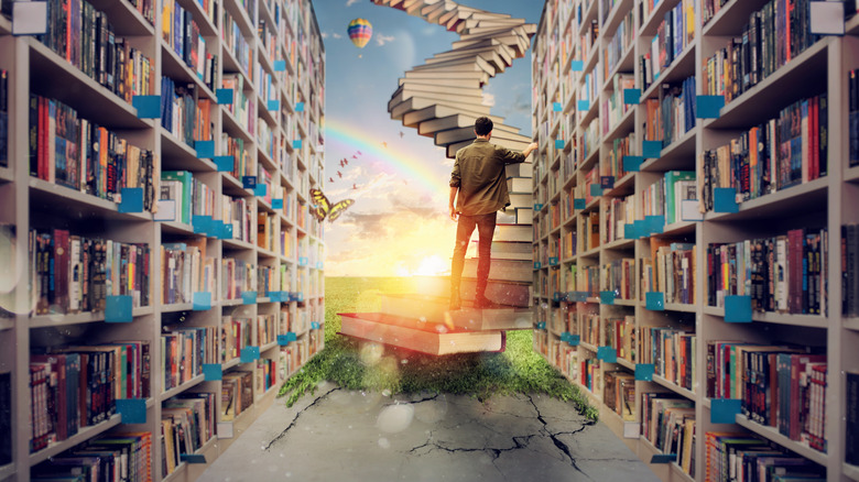 Surreal scene of man in a library with sunshine