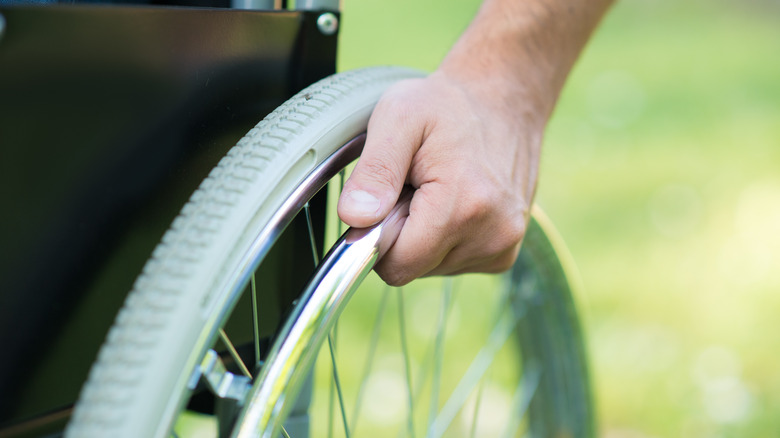 close-up of a wheelchair in the park