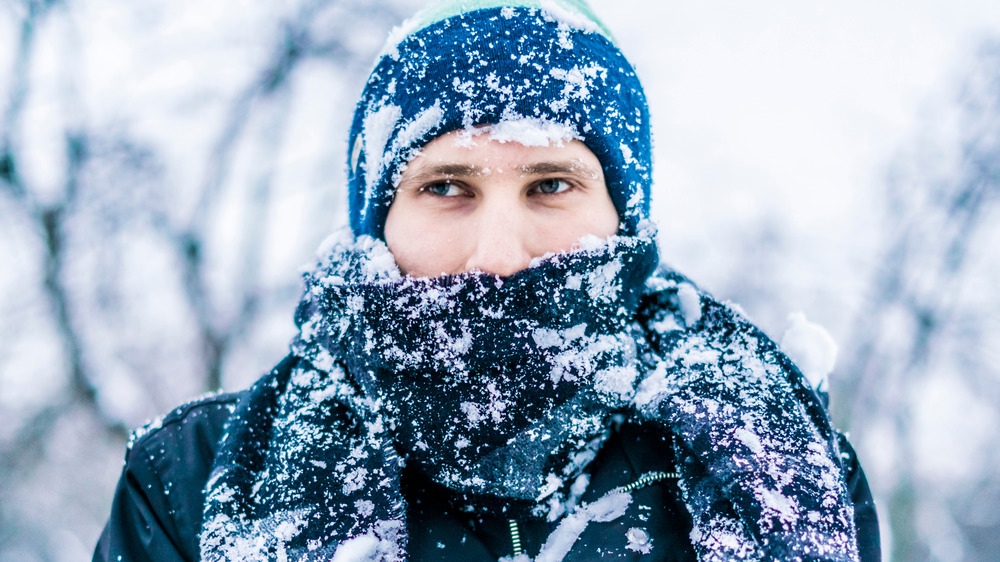 man bundled in showy weather