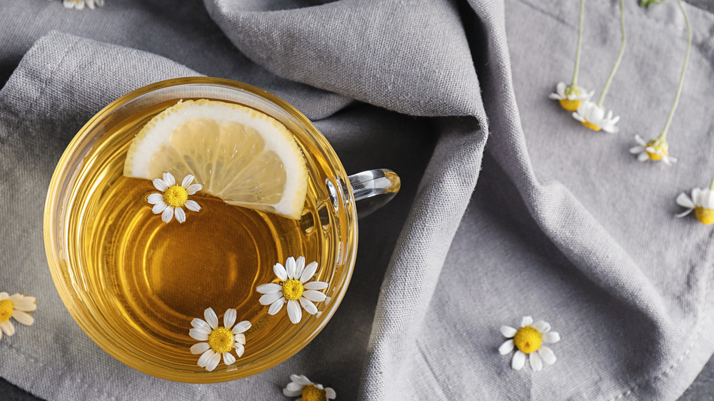 chamomile tea in glass mug