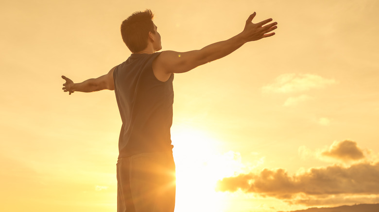 man facing sunset