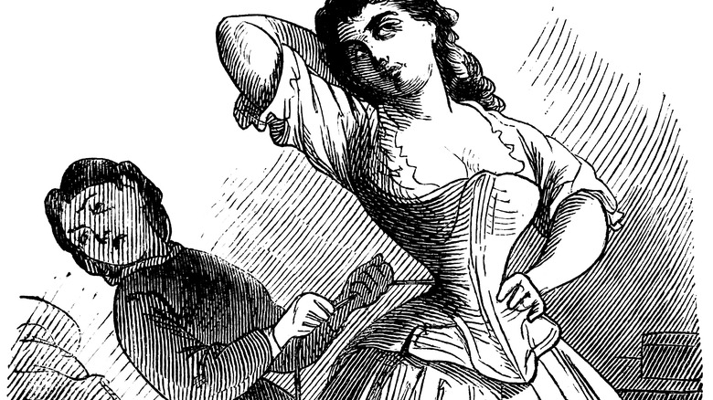 Illustration of a woman tying another woman's corset