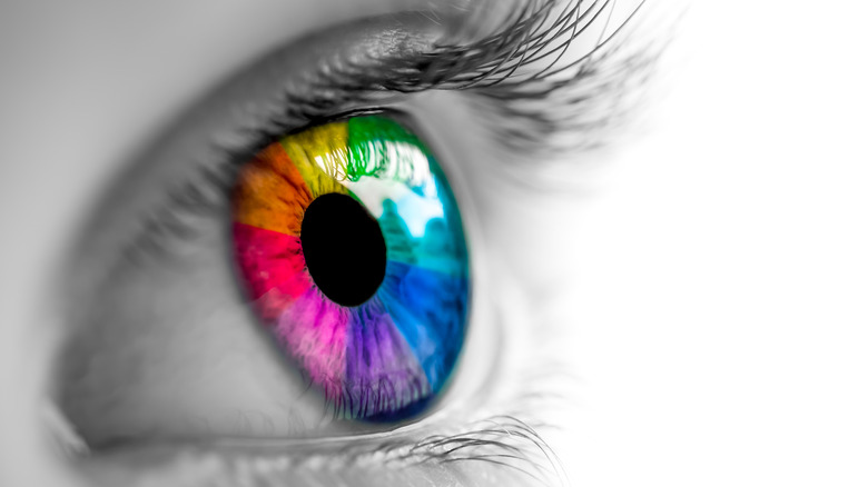 Close up of an eye where the iris is multicolored