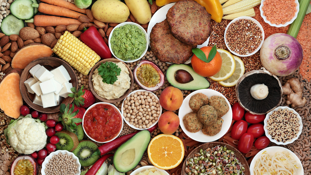 Overhead shot of several plant-based foods