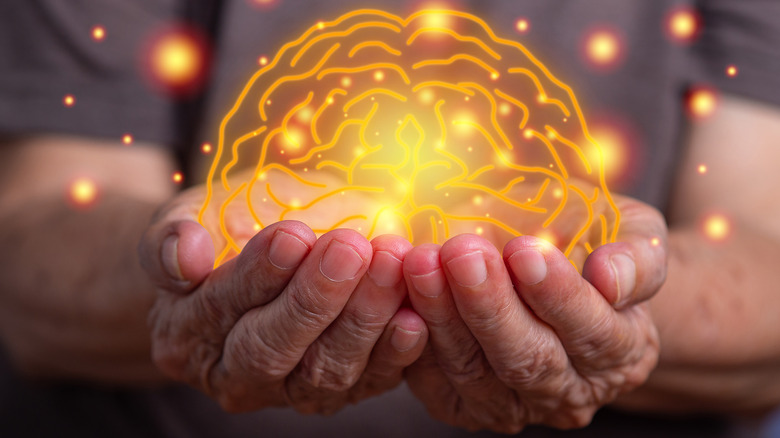 Close up of a pair of hands "holding" an image of a brain