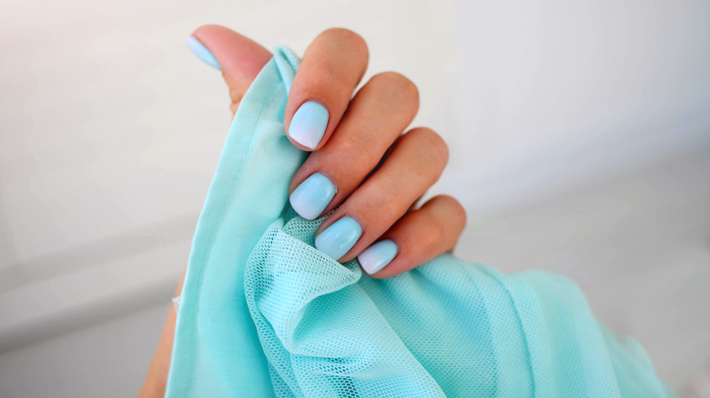 Close up of a manicured hand with blue nails holding a piece of blue cloth